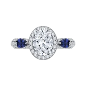 14K White Gold Oval Diamond Halo Engagement Ring with Sapphire (Semi Mount)