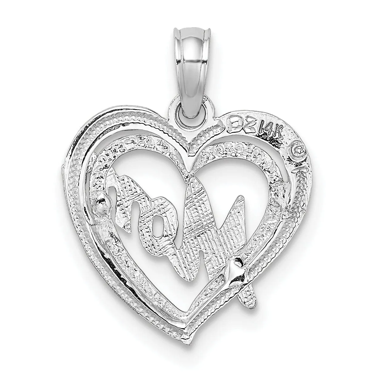 14k White Gold Polished Textured Finish MOM in Double Heart Shape Design Charm Pendant