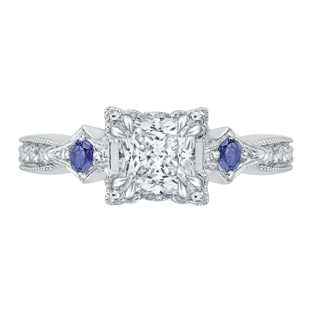 14K White Gold Princess Diamond Engagement Ring with Sapphire (Semi Mount)