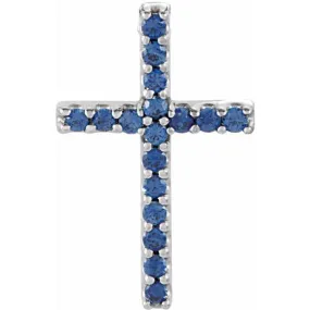 14K White Natural Blue Sapphire Petite Cross Pendant