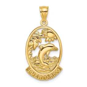 14K Yellow Gold Polished Finish PUERTO RICO with Dolphin Sunset Scene Design Oval Shape Charm Pendant