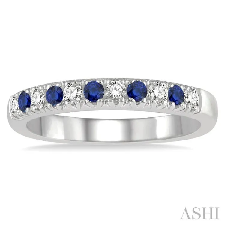 1/5 ctw Round Cut Diamond and 2MM Sapphire Precious Wedding Band in 14K White Gold