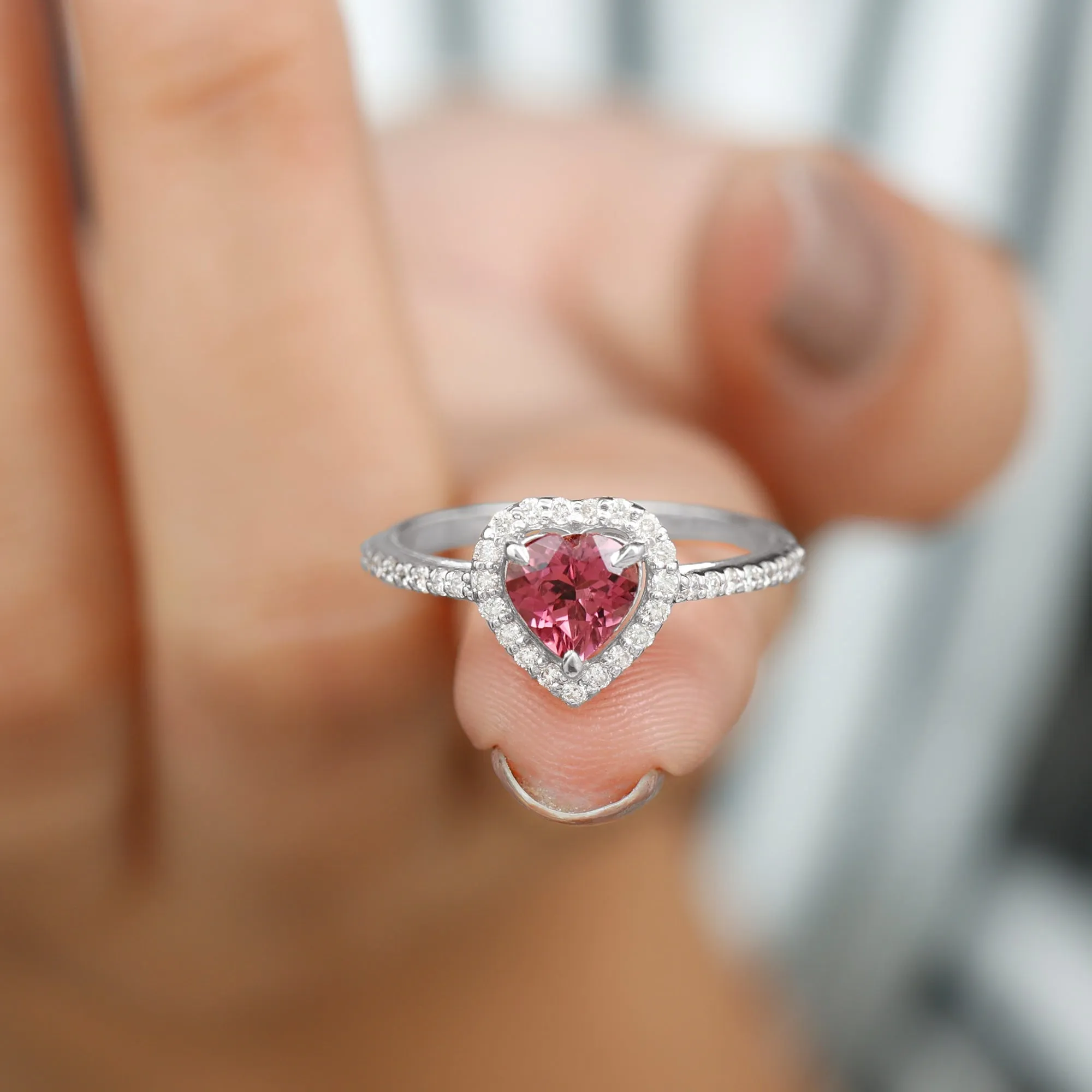 1.50 CT Heart Shape Pink Tourmaline Engagement Ring with Diamond Accent