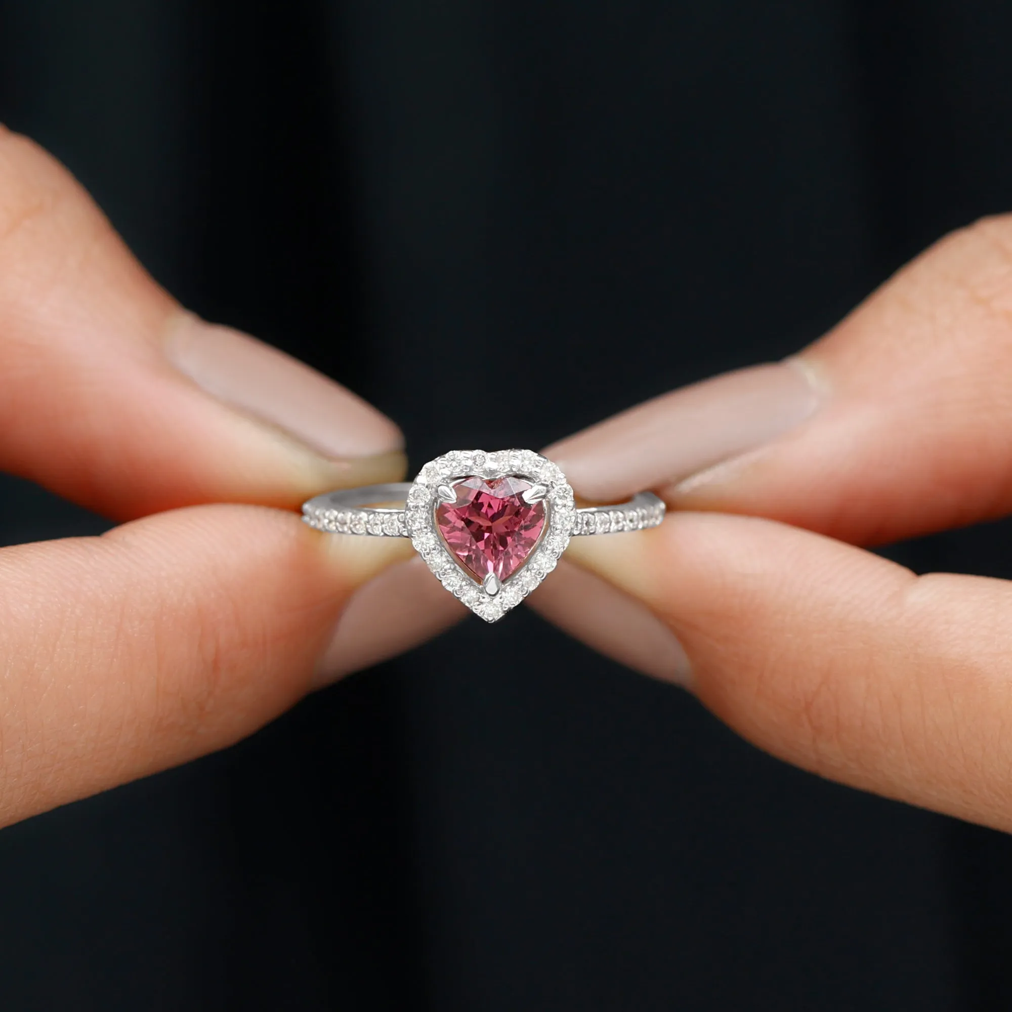 1.50 CT Heart Shape Pink Tourmaline Engagement Ring with Diamond Accent