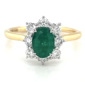 18ct Yellow Gold Earth Grown 0.85ct Emerald & Diamond Cluster Halo Engagement Ring