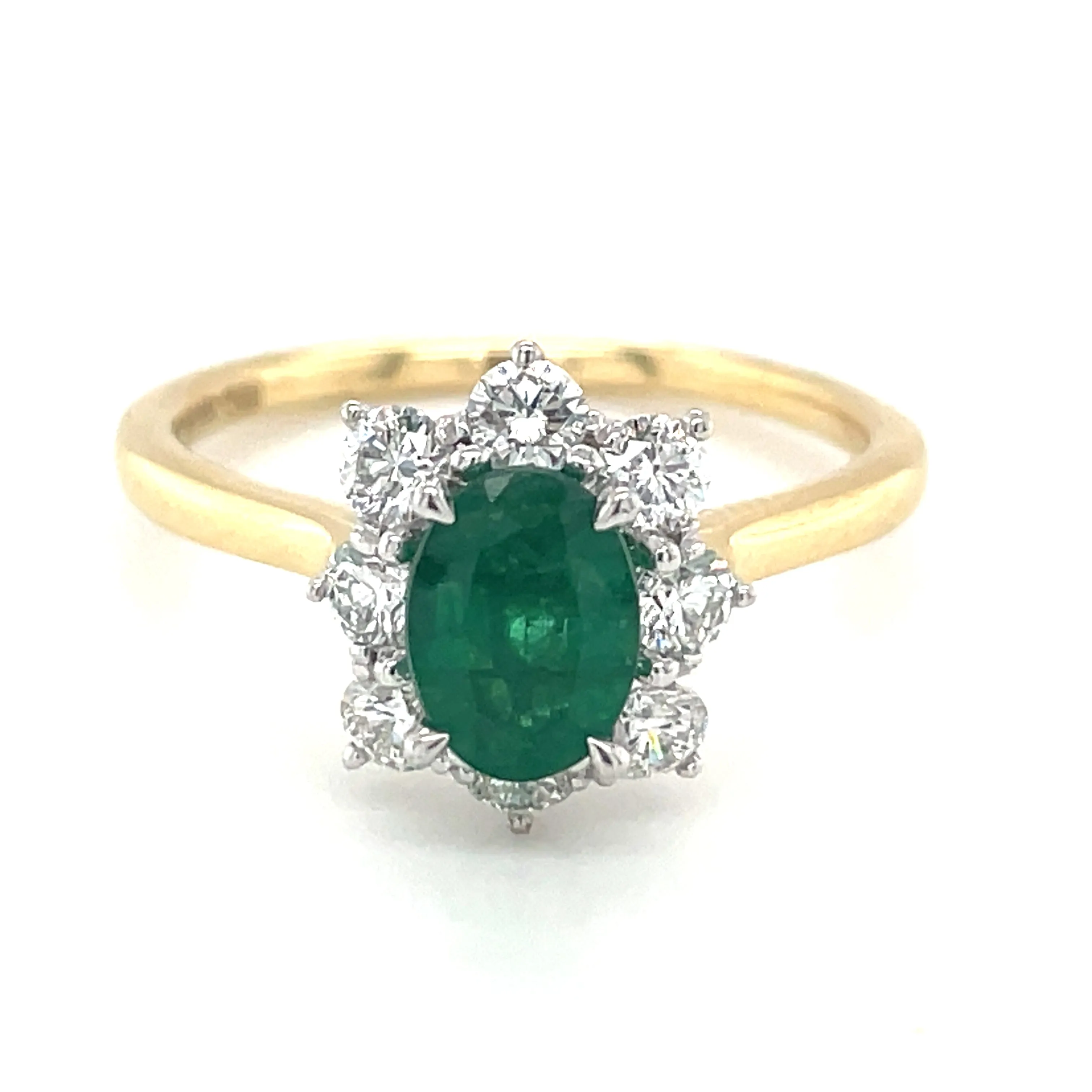 18ct Yellow Gold Earth Grown 0.85ct Emerald & Diamond Cluster Halo Engagement Ring