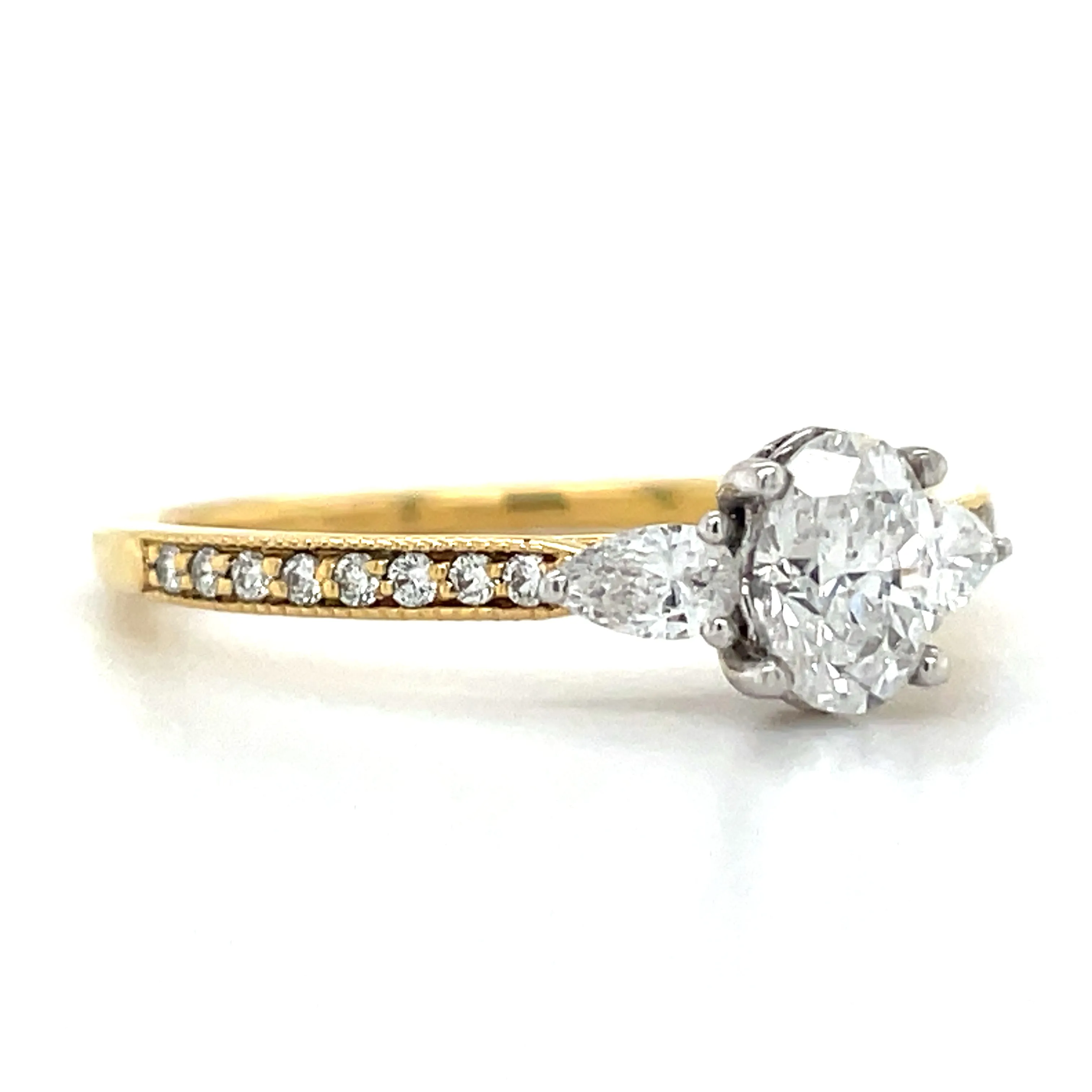 18ct Yellow Gold Earth Grown Oval & Two Side Pear with Pave Set Shoulder Diamond Engagement Ring