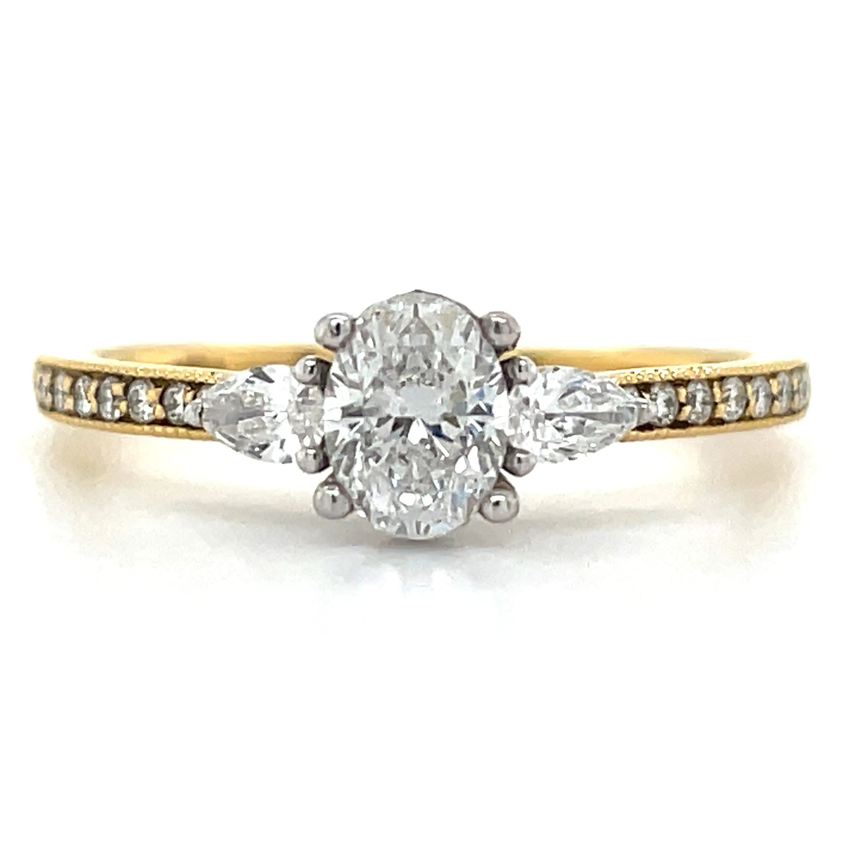 18ct Yellow Gold Earth Grown Oval & Two Side Pear with Pave Set Shoulder Diamond Engagement Ring