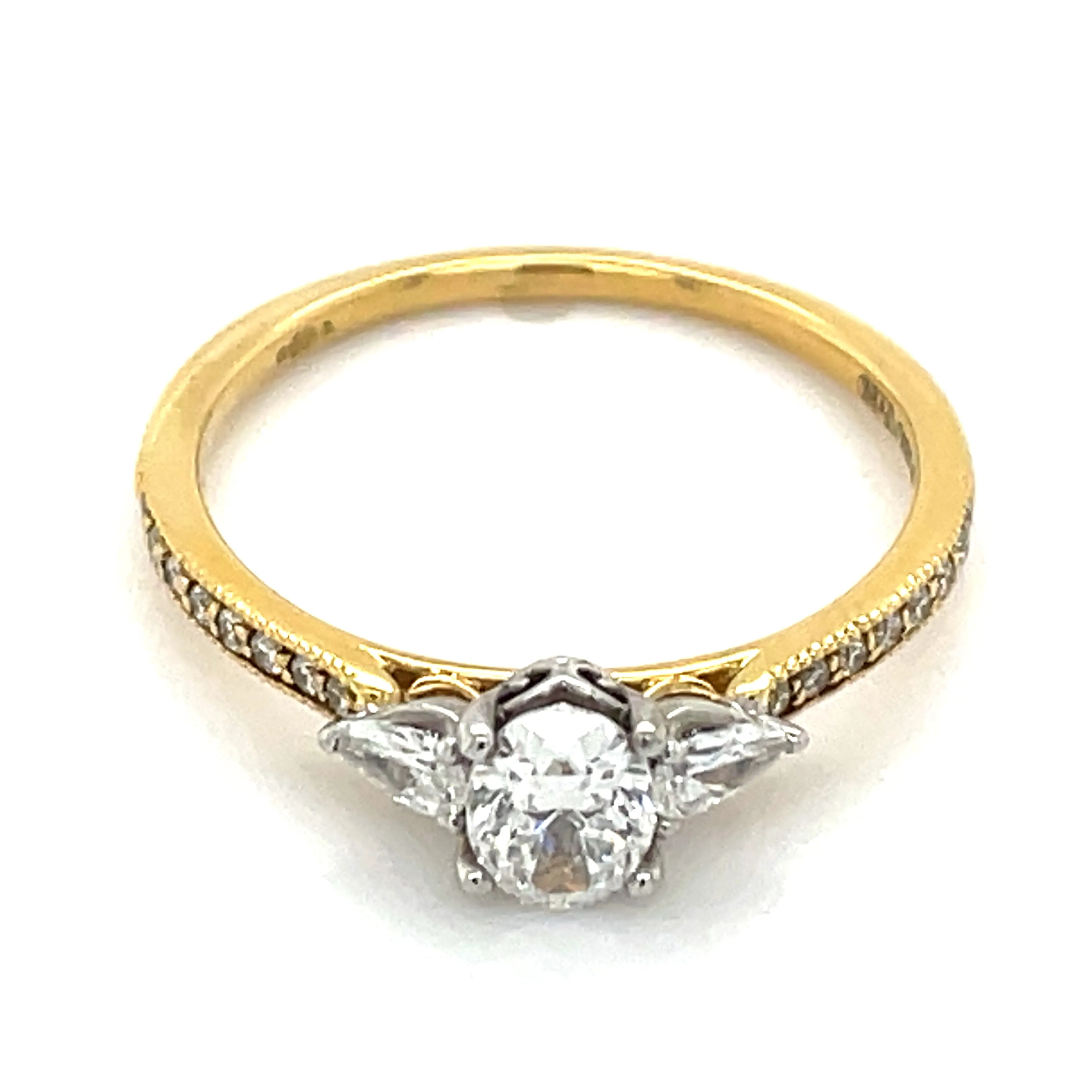 18ct Yellow Gold Earth Grown Oval & Two Side Pear with Pave Set Shoulder Diamond Engagement Ring