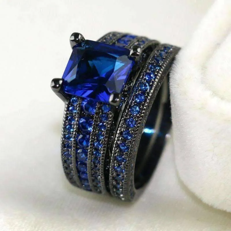 18K Black Gold Plated Moonlight Serenade Blue CZ and Black Gold Solitaire Engagement Ring Set For Woman