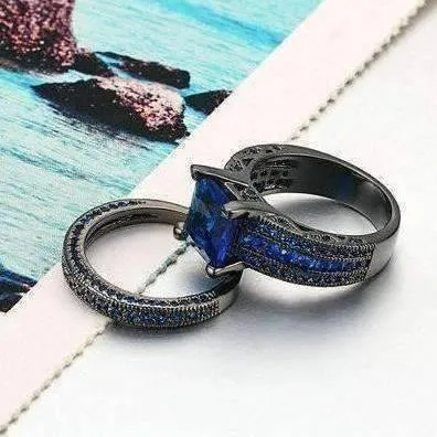 18K Black Gold Plated Moonlight Serenade Blue CZ and Black Gold Solitaire Engagement Ring Set For Woman