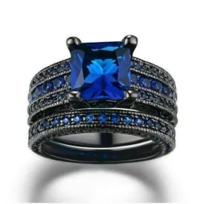 18K Black Gold Plated Moonlight Serenade Blue CZ and Black Gold Solitaire Engagement Ring Set For Woman