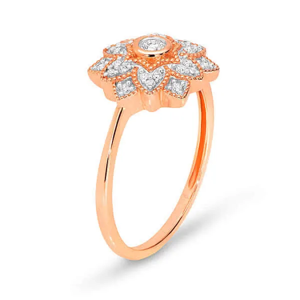 18K W/Y/R Pave ArtDeco Flower Diamond Ring