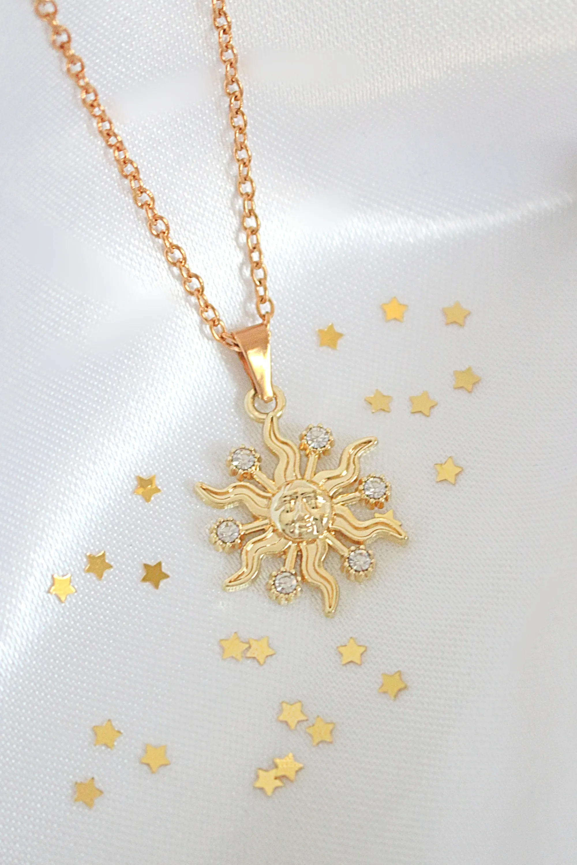 24 Karats CZ Sun Pendant Necklace