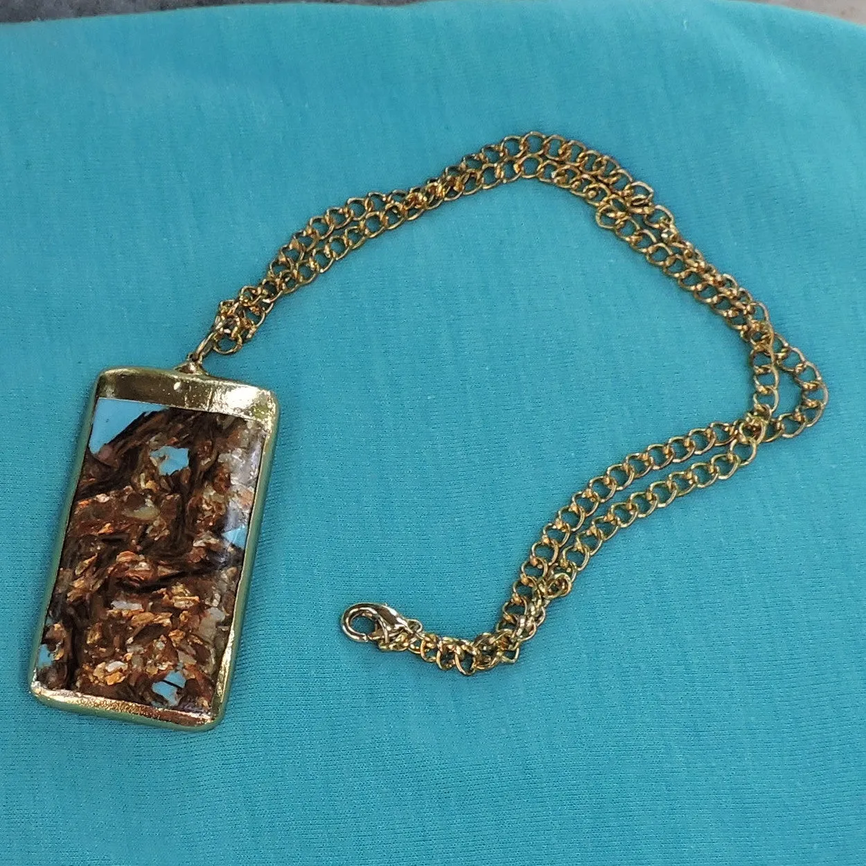 24K Gold Edging on Turquoise and Copper Stone Pendant