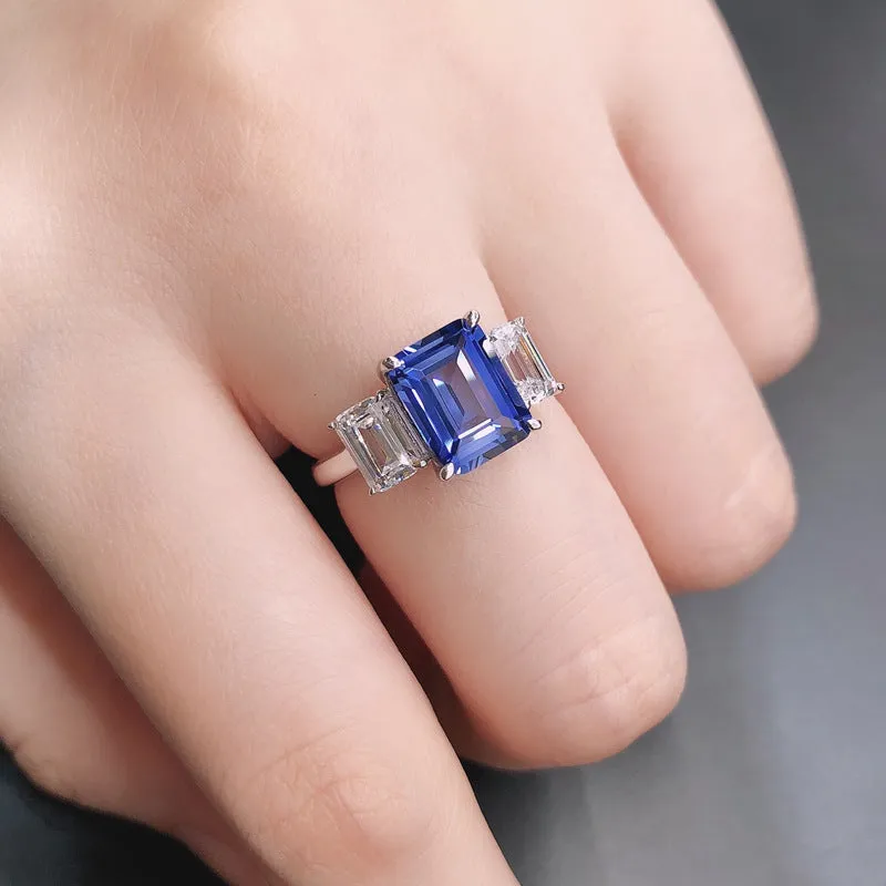 3 Carats Lab Grown Sapphire Three Stones Women Ring