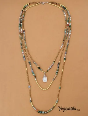 3 Tier Layered Agate Necklace with Teardrop Pendant