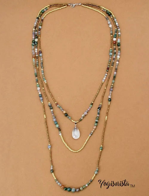 3 Tier Layered Agate Necklace with Teardrop Pendant