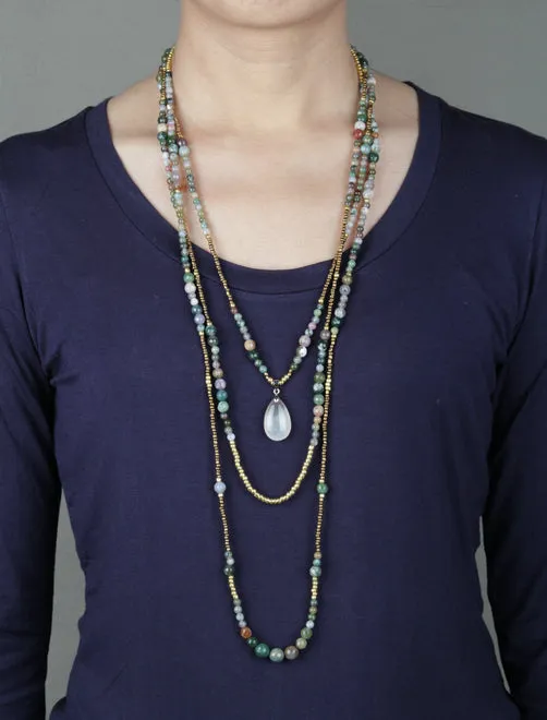 3 Tier Layered Agate Necklace with Teardrop Pendant