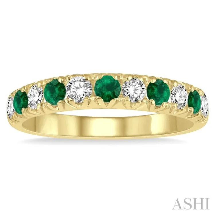 3/8 ctw Round Cut Diamond and 2.6MM Emerald Precious Wedding Band in 14K Yellow Gold