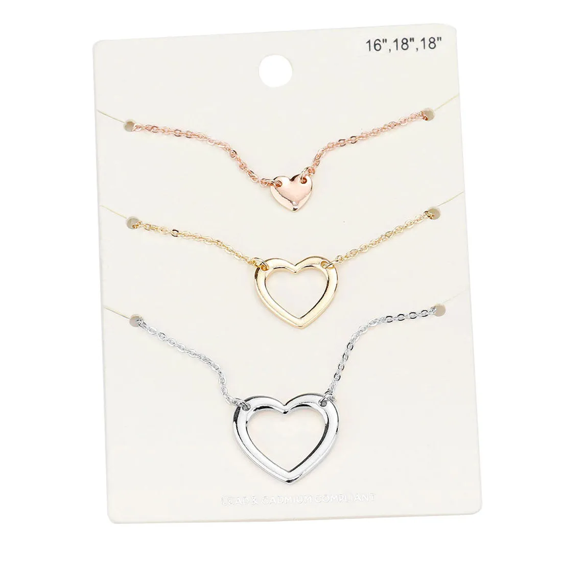 3PCS  Metal Heart Pendant Necklaces