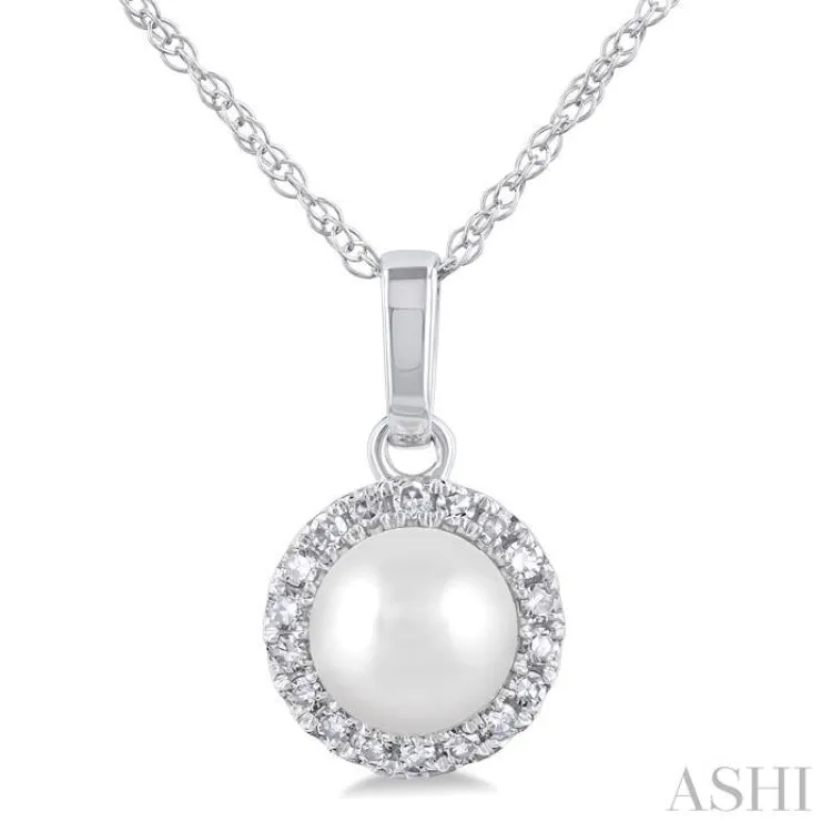 5MM Cultured White Pearl and 1/20 ctw Single Cut Diamond Halo Pendant With Chain in 10K White Gold