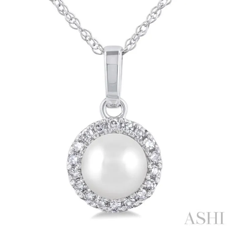 5MM Cultured White Pearl and 1/20 ctw Single Cut Diamond Halo Pendant With Chain in 10K White Gold