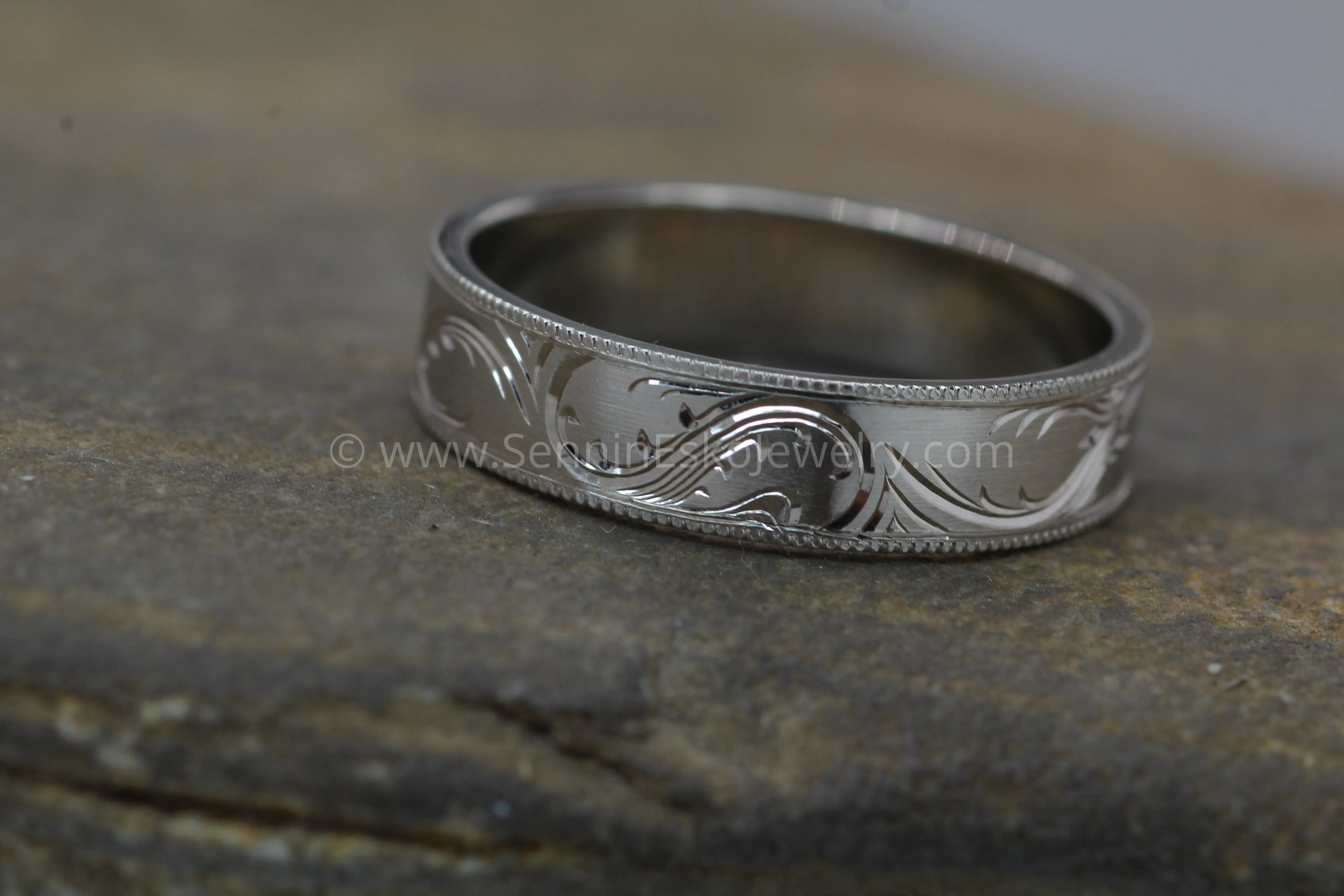 5x1mm Branches and Leaves Variation 2 14kt Yellow Gold Bright Cut Engraved Band