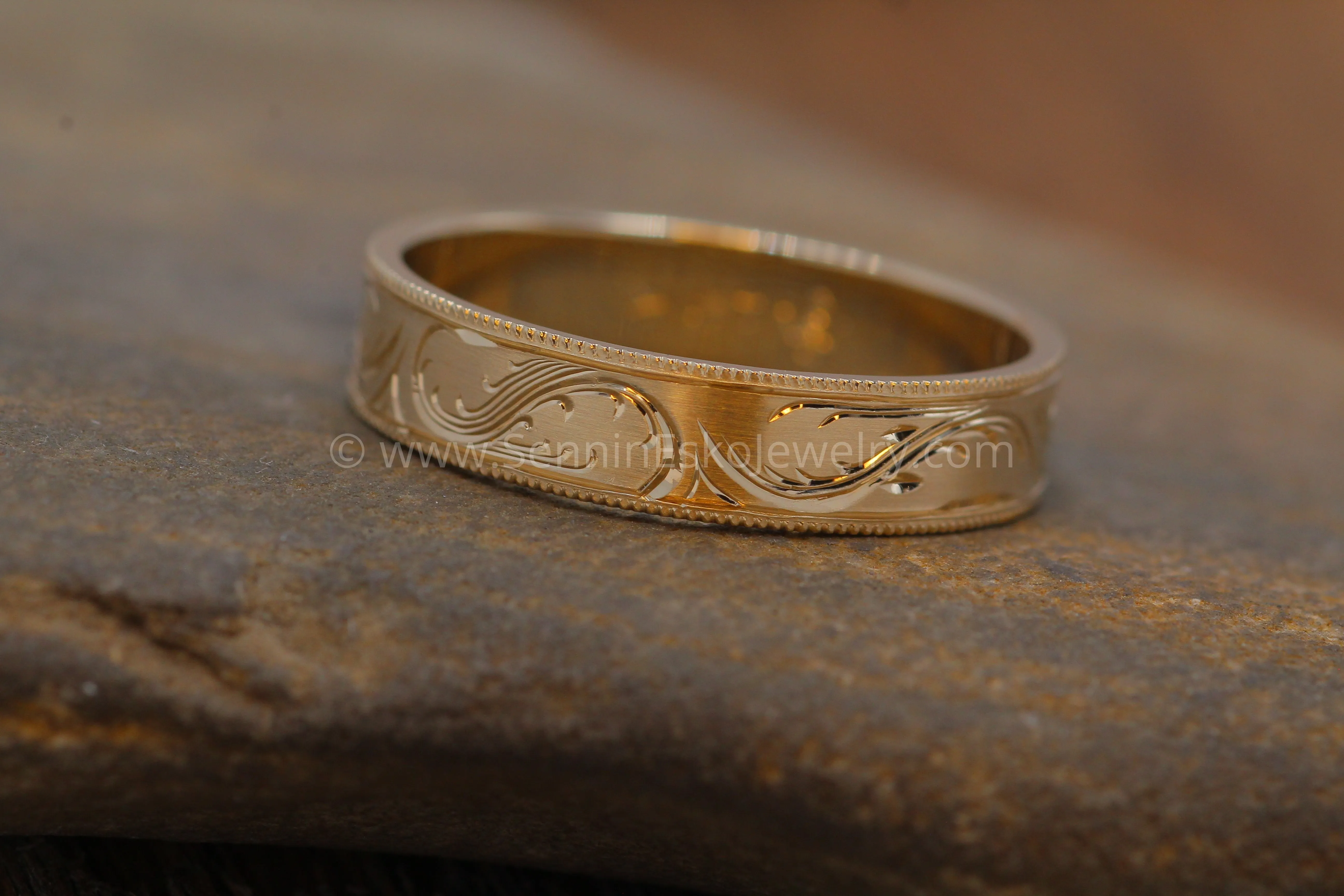 5x1mm Branches and Leaves Variation 2 14kt Yellow Gold Bright Cut Engraved Band