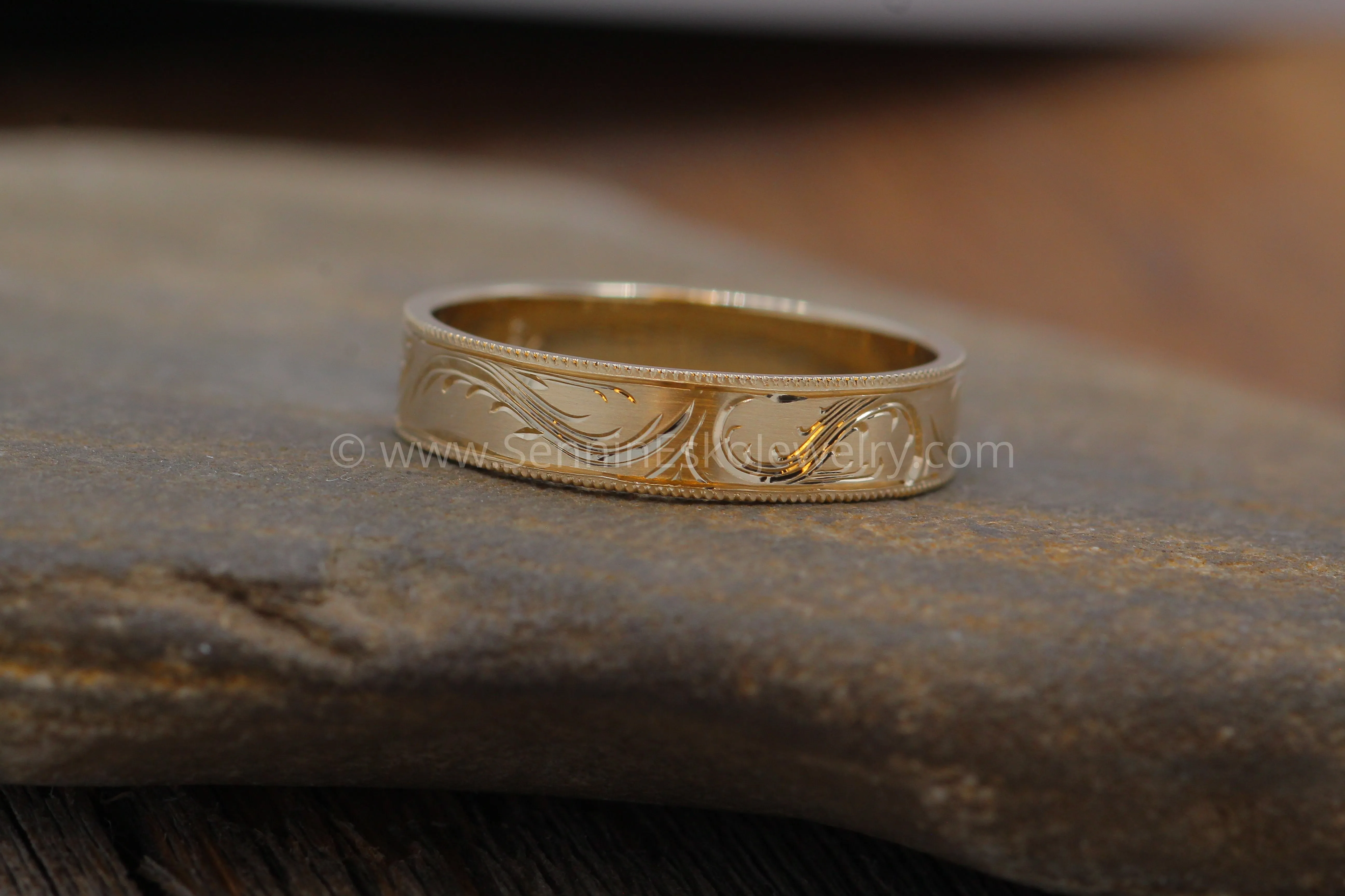 5x1mm Branches and Leaves Variation 2 14kt Yellow Gold Bright Cut Engraved Band