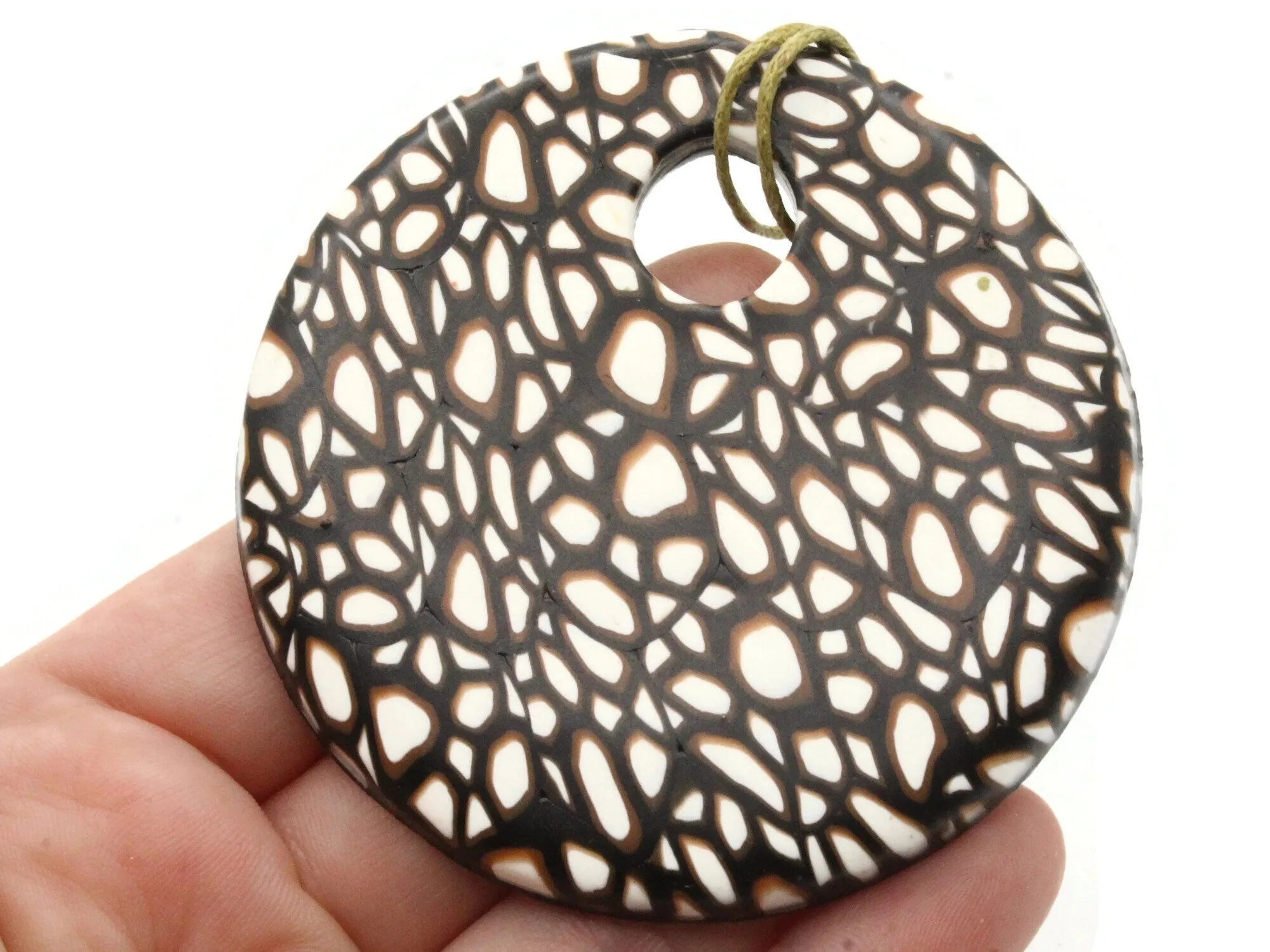 68mm Browns White and Black Polymer Clay Flat Circle Gogo Pendant