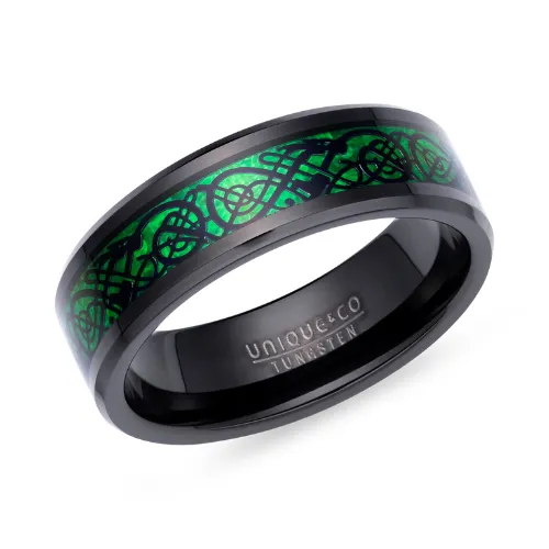 7mm Tungsten Ring - Green & Black Celtic design