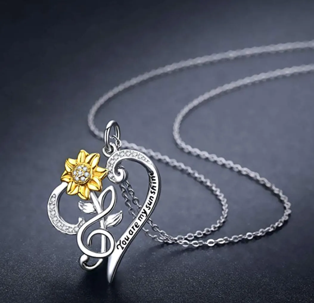 925 Silver Flower Necklace Treble Clef Diamond Heart Note Music Flower Pendant Mothers Day Anniversary Jewelry Singer Gift 20in.