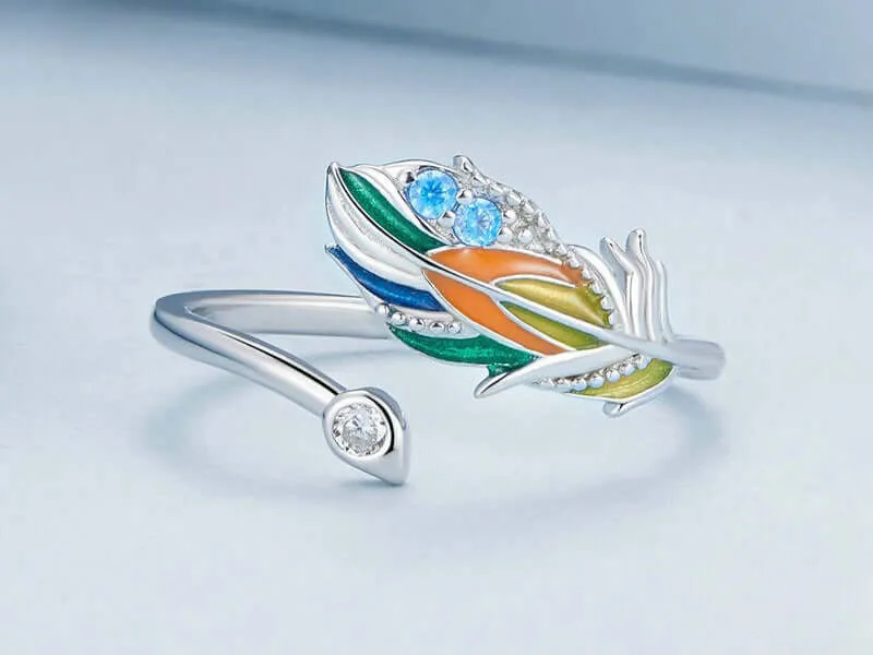 925 Silver Summer Colorful Feather Ring