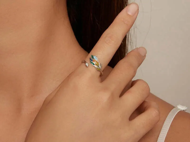 925 Silver Summer Colorful Feather Ring