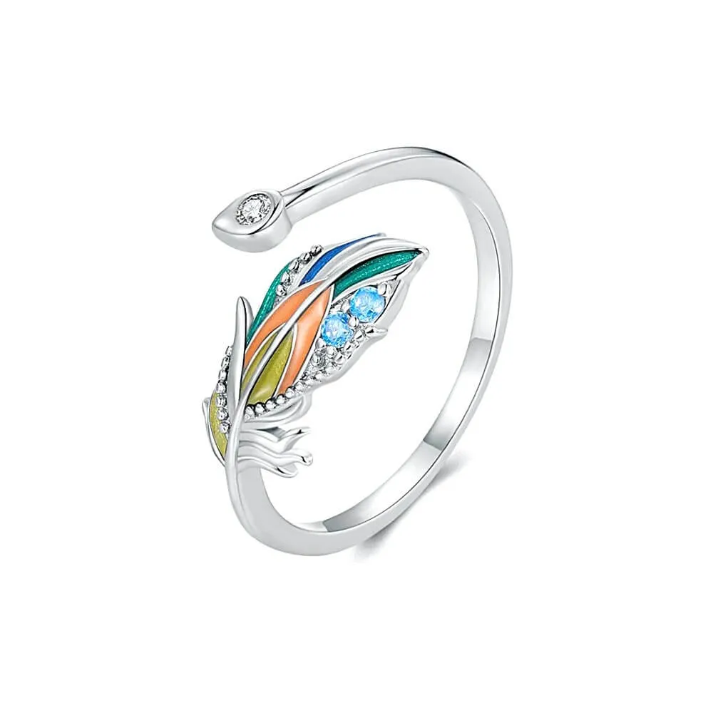 925 Silver Summer Colorful Feather Ring