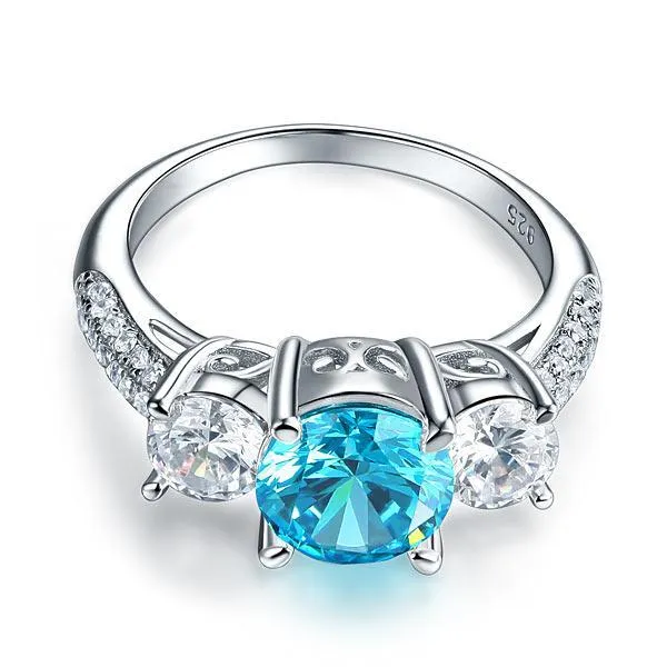 925 Sterling Silver 3-Stone Bridal Ring 2 Carat Created Blue Diamond Vintage Style Jewelry MXFR8226