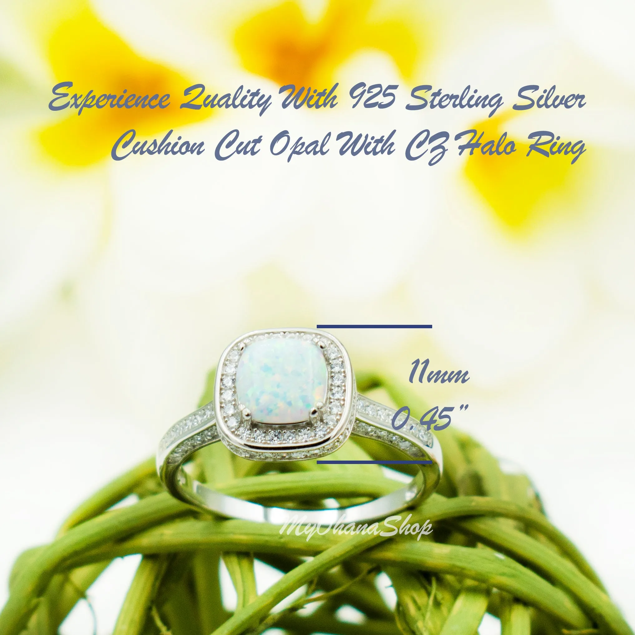 925 Sterling Silver Cushion Cut Opal Ring With CZ Halo For Women.  White Opal Statement, Wedding Ring For Her.