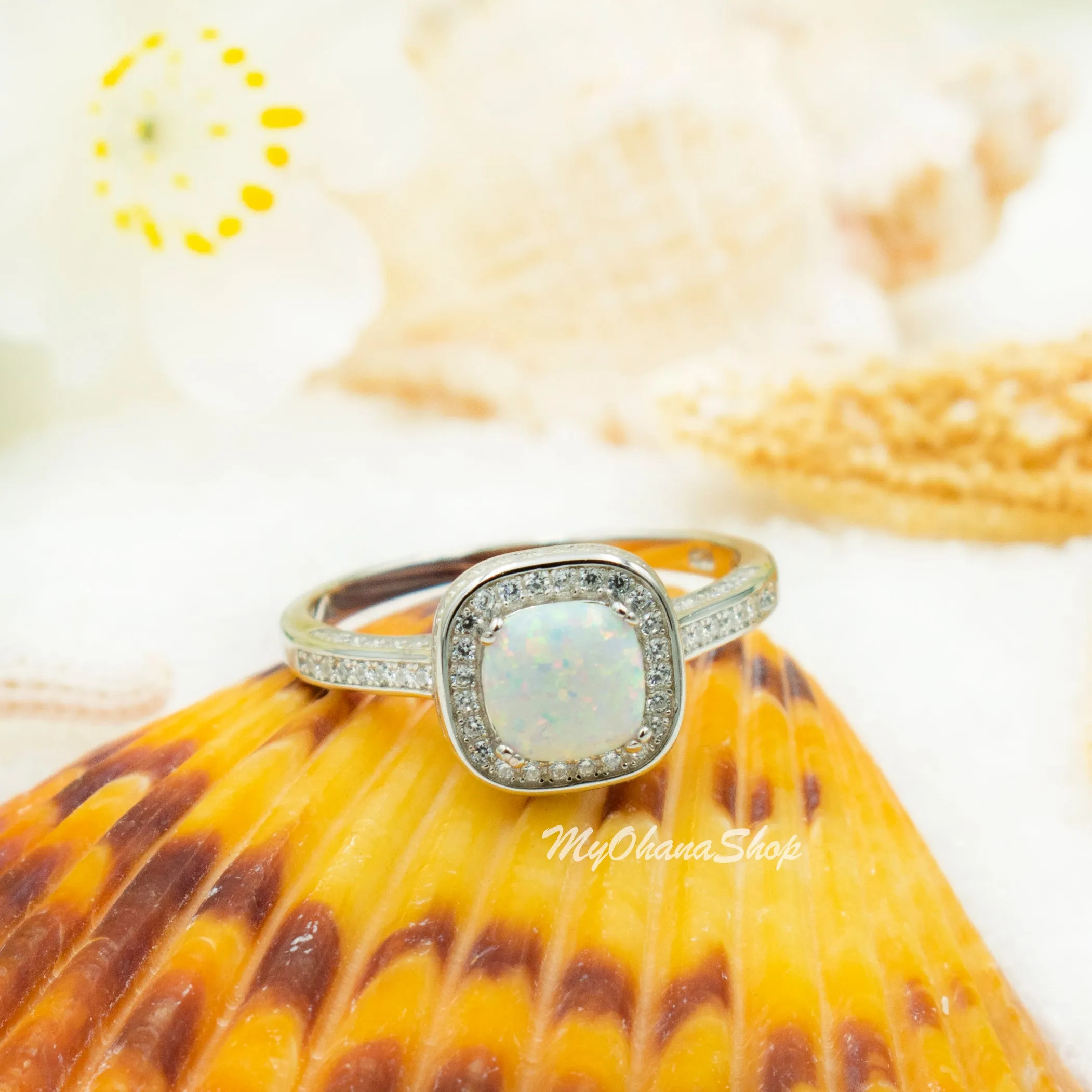 925 Sterling Silver Cushion Cut Opal Ring With CZ Halo For Women.  White Opal Statement, Wedding Ring For Her.