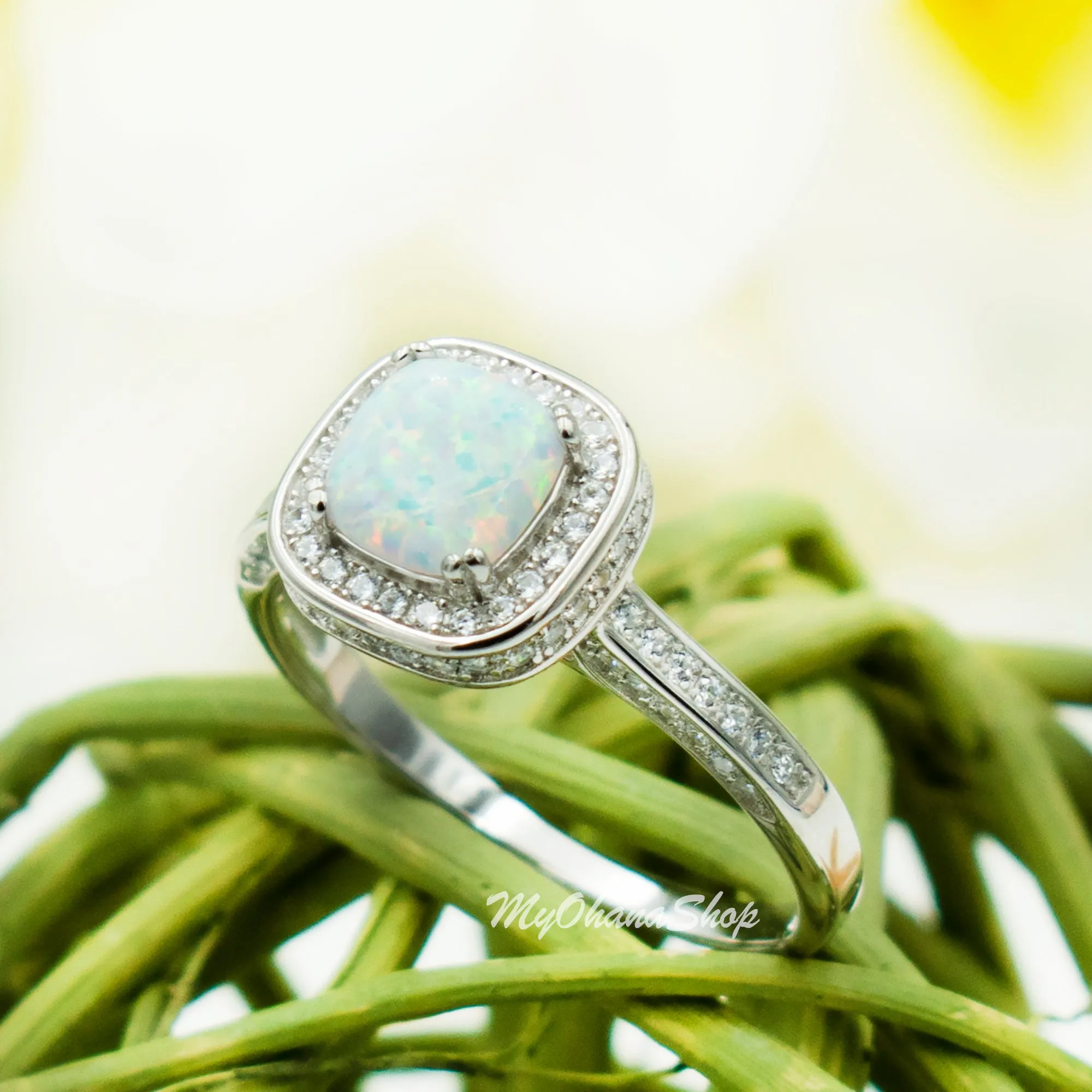 925 Sterling Silver Cushion Cut Opal Ring With CZ Halo For Women.  White Opal Statement, Wedding Ring For Her.