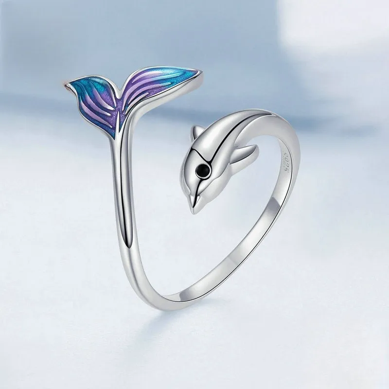 925 Sterling Silver Dolphins Chasing and Playing Plain Ring