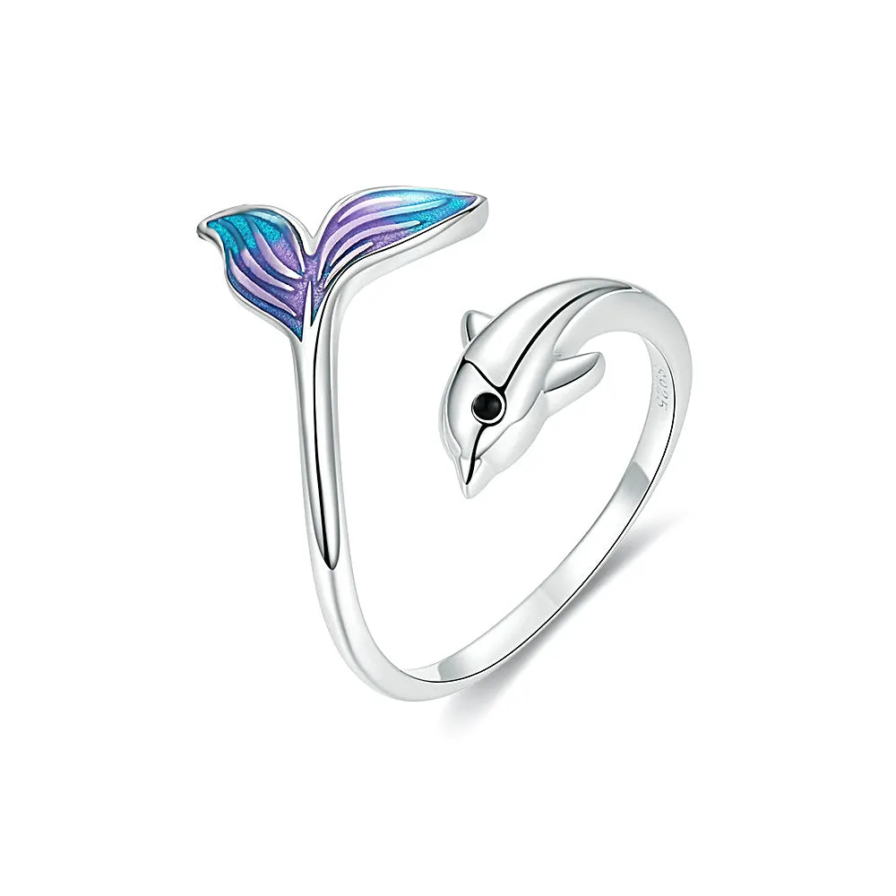 925 Sterling Silver Dolphins Chasing and Playing Plain Ring