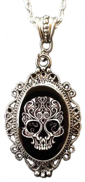 Alkemie Gothic Swirly Skull Cameo Pendant Necklace