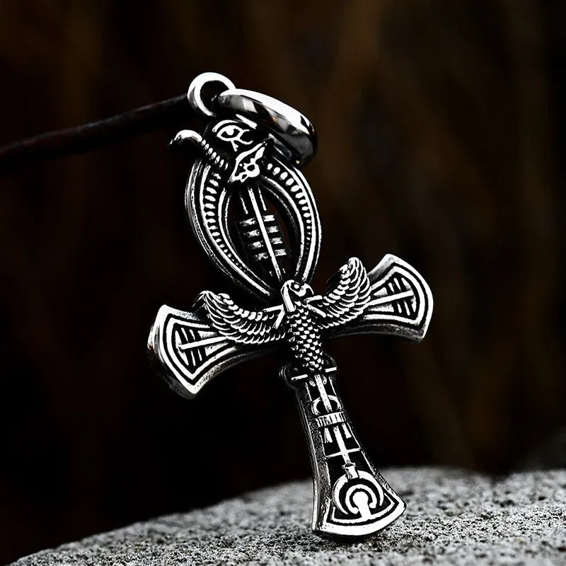 Anka Egyptian-Inspired Cross Pendant in Titanium Steel - Retro European & American Style Accessory for Men