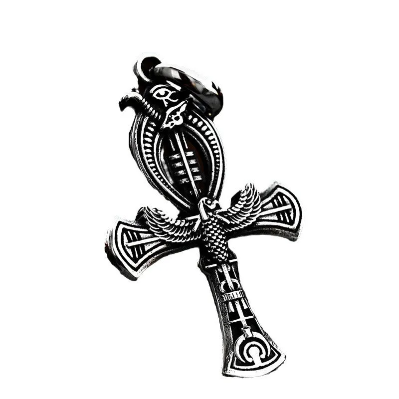 Anka Egyptian-Inspired Cross Pendant in Titanium Steel - Retro European & American Style Accessory for Men