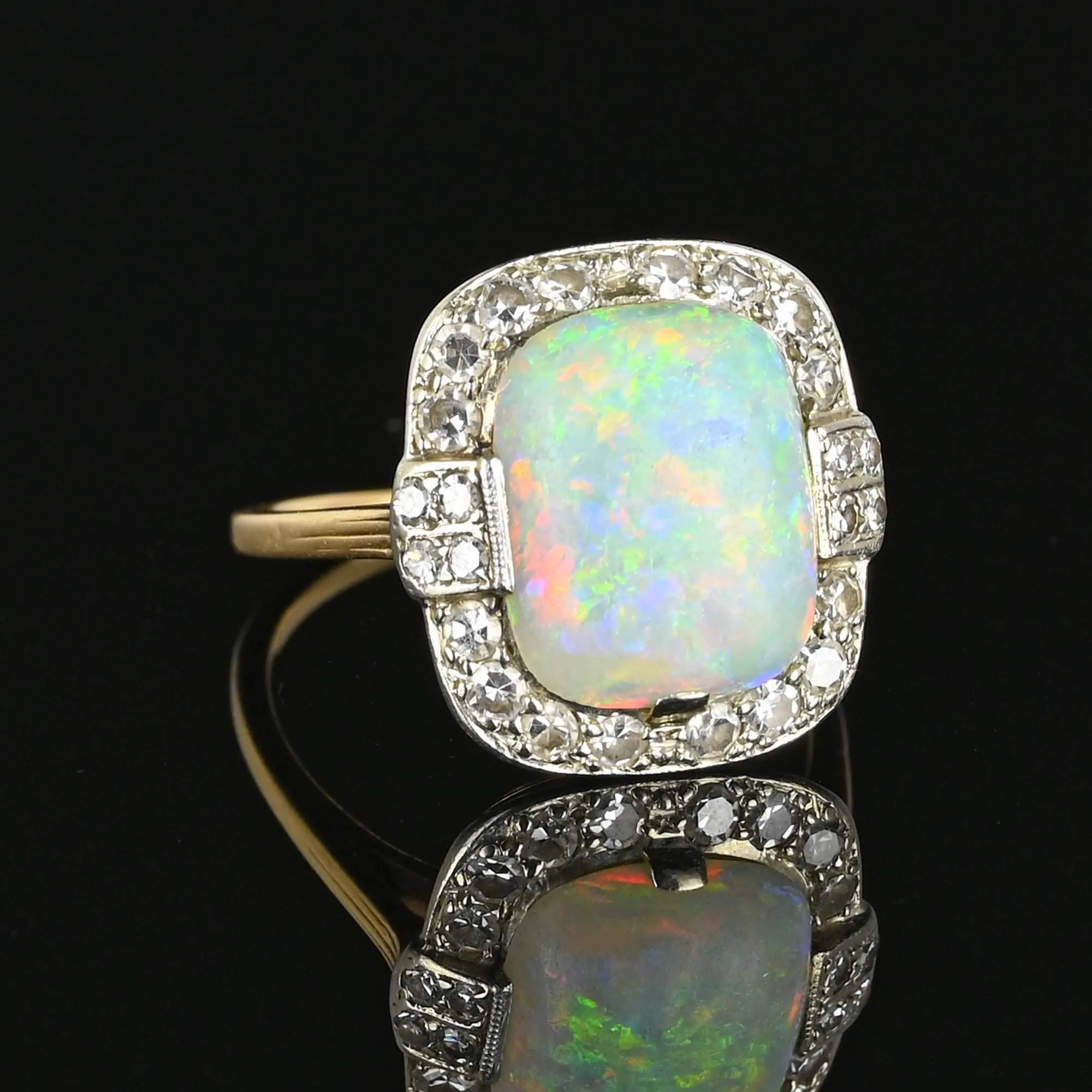 Antique Diamond Halo Opal Ring in Platinum & 14K Gold