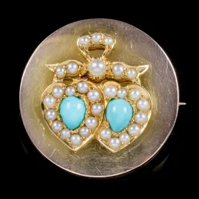 Antique Edwardian Turquoise Pearl Double Heart Brooch Locket 18Ct Gold Circa 1910