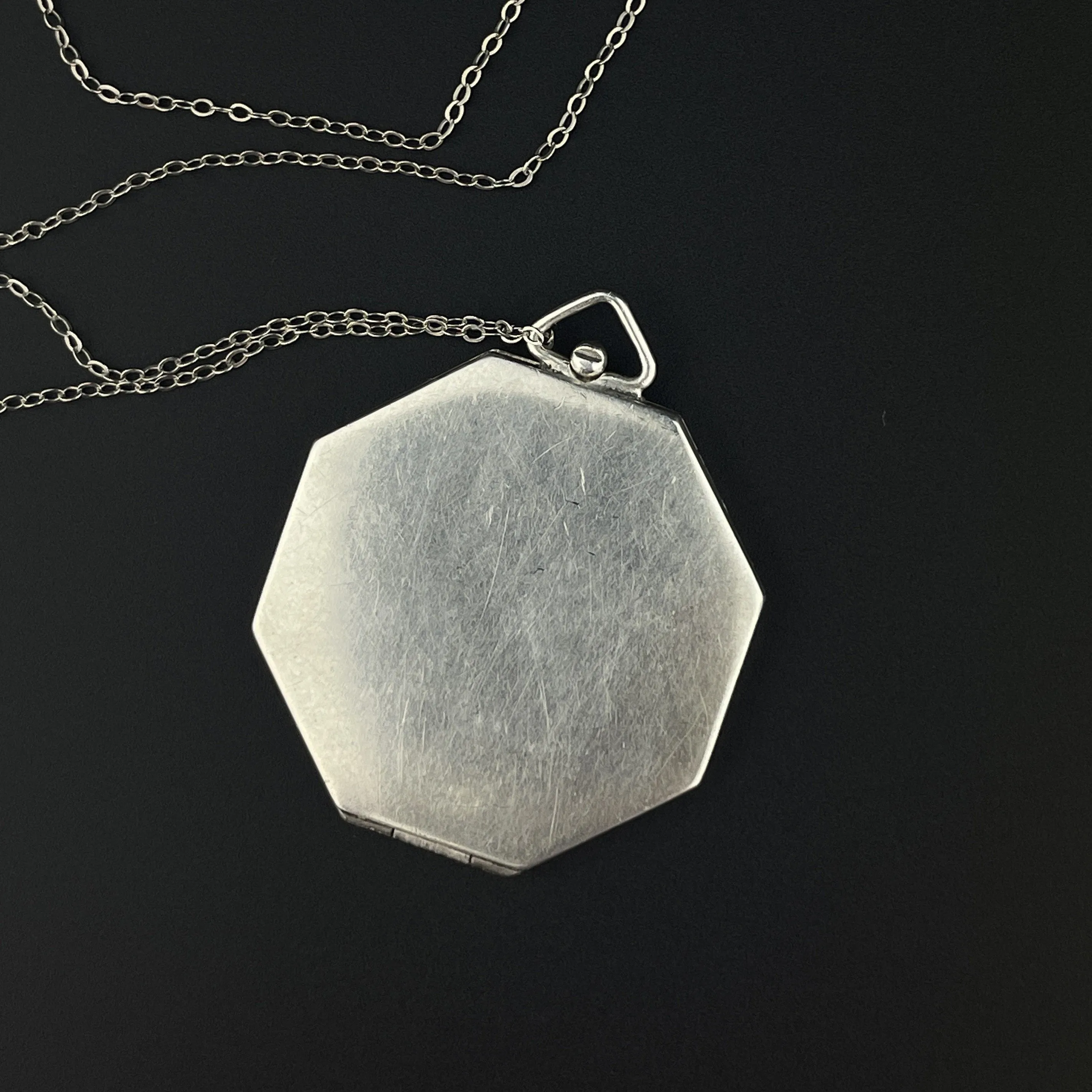 Antique Silver Octagon Locket Pendant Necklace