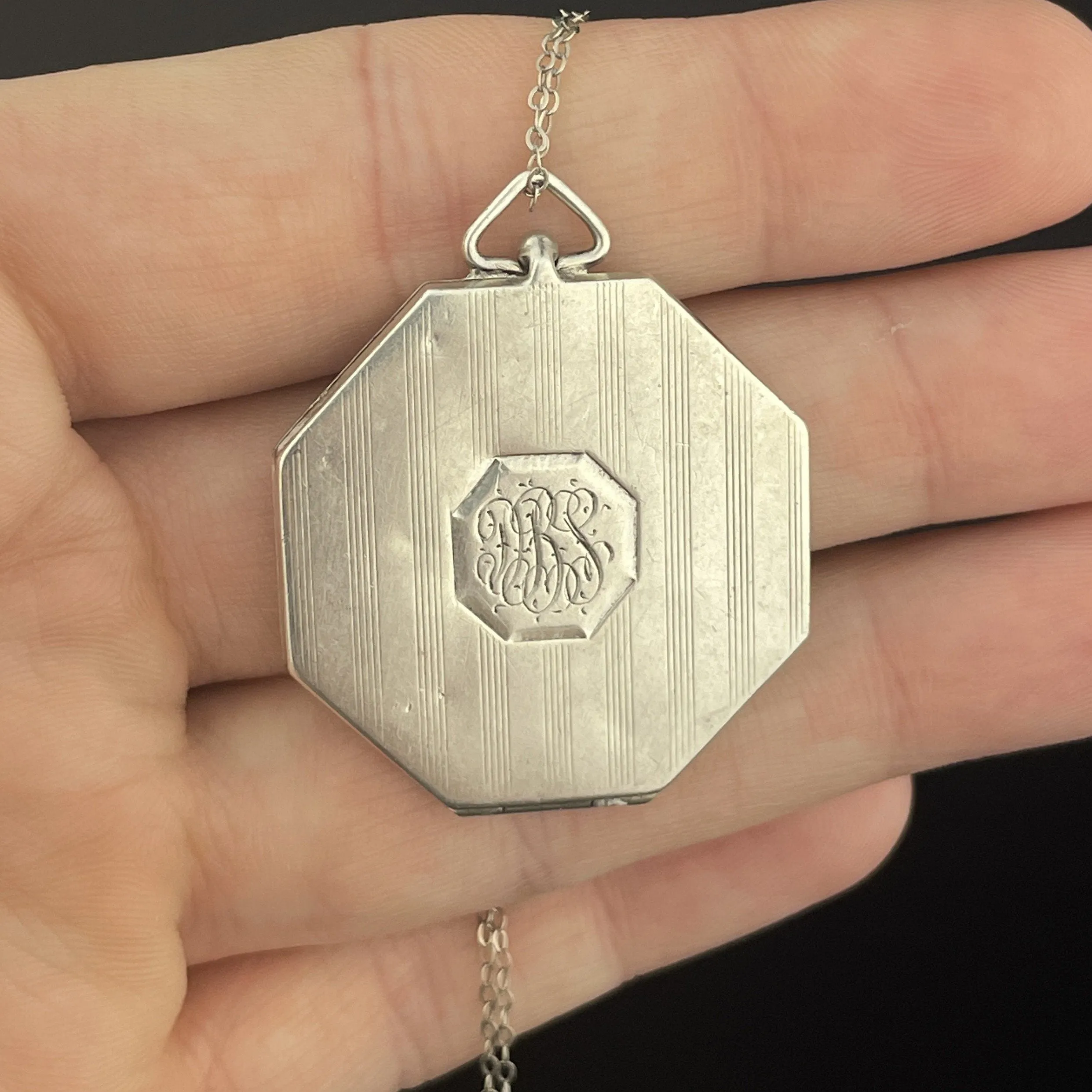 Antique Silver Octagon Locket Pendant Necklace