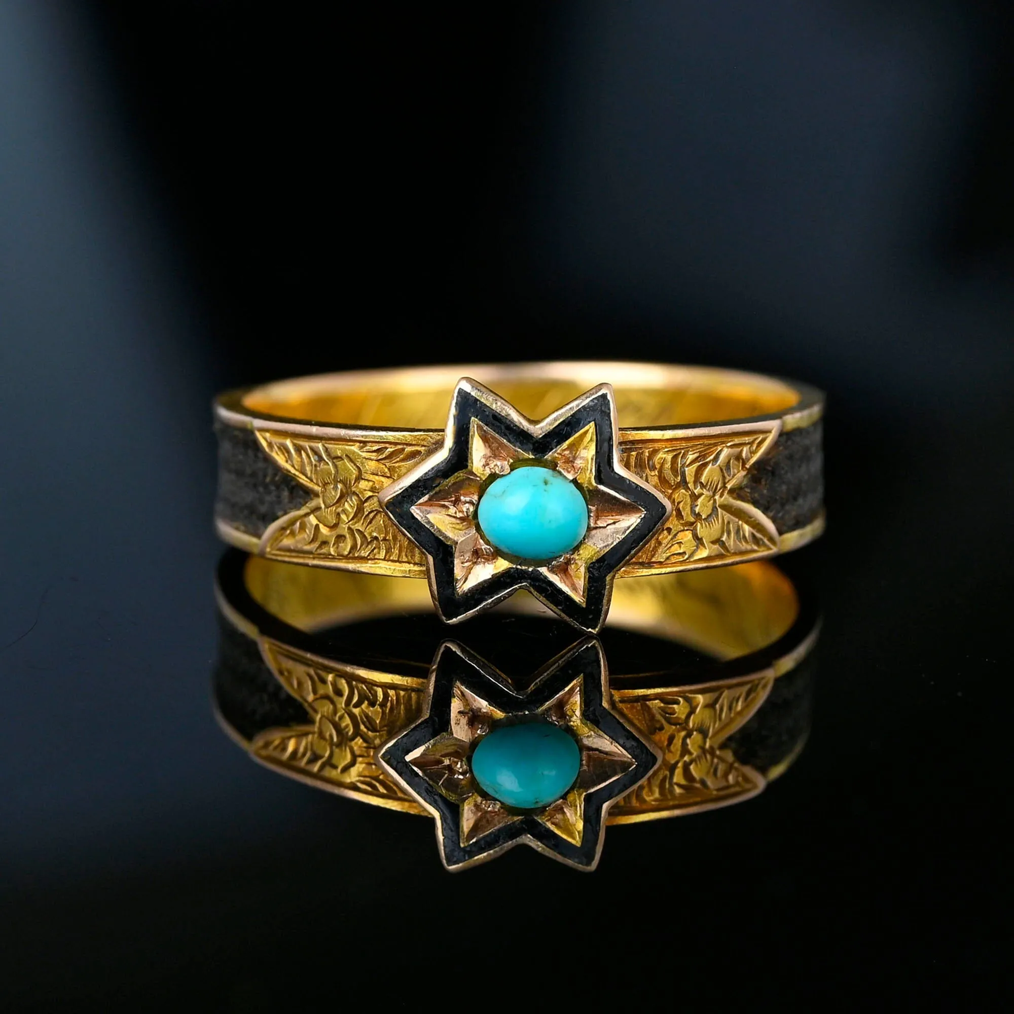 Antique Victorian 14K Gold Turquoise Star Ring Band, Mourning Jewelry